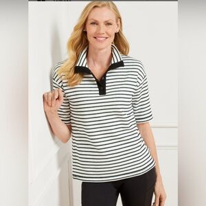 T by Talbots Striped Black and White Johnny Collar Top-NWOT